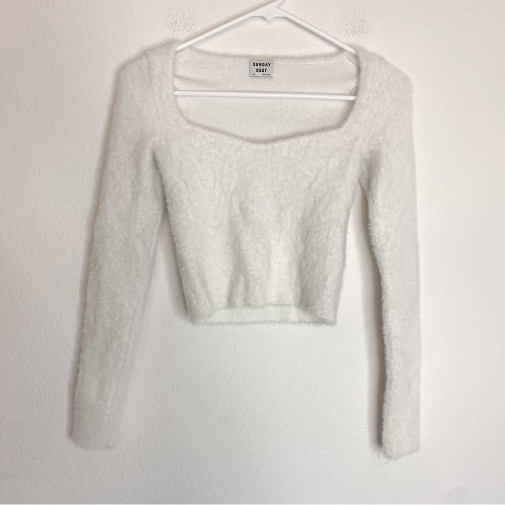 Aritzia Sunday Best Flattering Wide Neck Fuzzy White Cropped Sweater